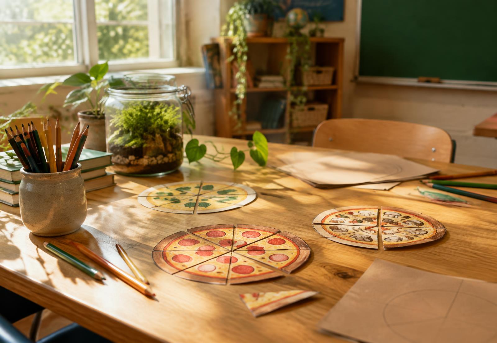 Classroom table with paper fraction pizzas and a jar ecosystem